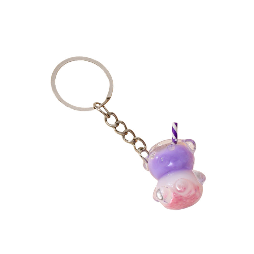 Wholesale Nightlight Bicolor Little Bear Milk Tea Straw Cup Resin Keychain